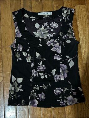 Like New! VINTAGE La Belle Black Purple Floral Sleeveless Top Sz S Blouse Y2K